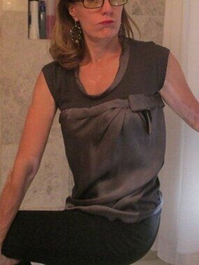 Ann Taylor LOFT Grey Sateen n Knit Silky Sheer Top, size M